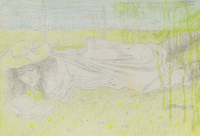 Toorop J.Th.  | Young woman reading prose ('Vrouwenrecht'), pencil and chalk on paper 16.2 x 20.5 cm, signed l.r. and dated 1897