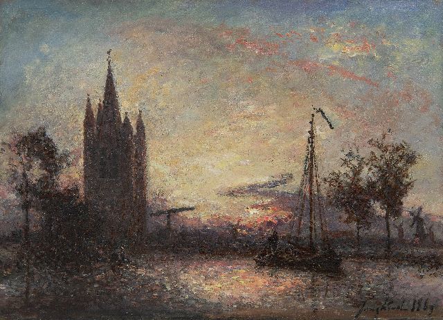 Jongkind J.B.  | Coucher de soleil sur l'église, Hollande, oil on canvas 24.3 x 32.5 cm, signed l.r. and dated 1869