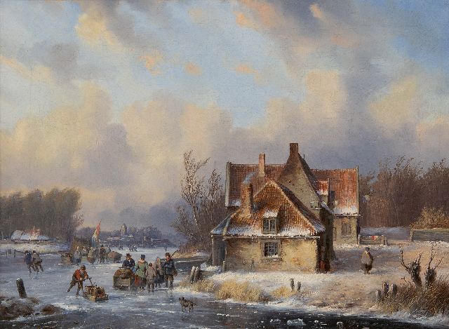 Ahrendts C.E.  | Winter landscape with many figures on a frozen river, oil on canvas 39.4 x 52.5 cm, signed l.l.