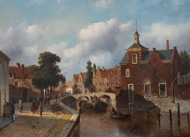 Adriaan Vrolijk | Dutch city canal with shipping and figures, oil on panel, 38.6 x 52.4 cm, signed l.r.