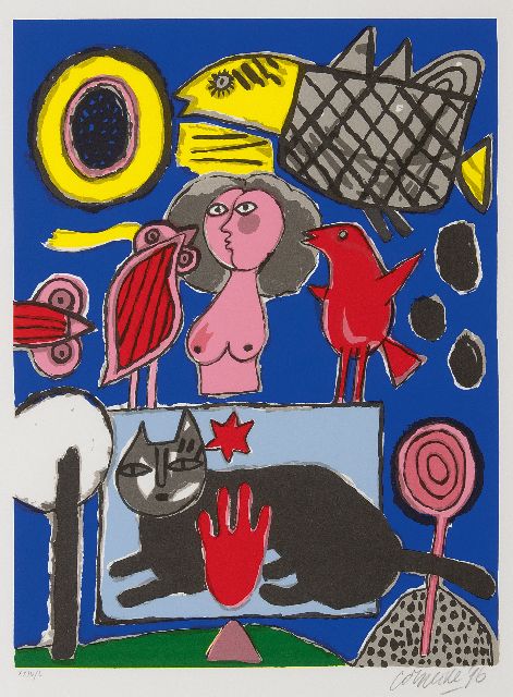 Corneille ('Corneille' Guillaume Beverloo)   | Composition with black cat, pink woman and birds, lithograph on paper 47.6 x 35.7 cm, signed l.r. (in pencil) and dated '96 (in pencil)