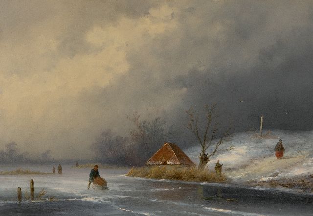 Hoppenbrouwers J.F.  | Figures a frozen river with approaching snowstorm, oil on panel 22.3 x 31.5 cm, signed l.l.