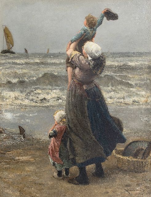 Bernard Blommers | Waving father goodbye, oil on canvas, 76.0 x 58.2 cm, signed l.r.