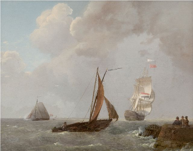 Koekkoek J.  | Ships sailing in Zeeland waters, oil on panel 30.0 x 38.9 cm, signed l.r. and dated 1829
