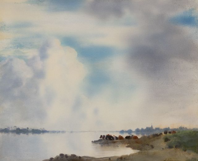 Voerman sr. J.  | A view of the river IJssel with Kampen in the distance, oil on panel 42.4 x 52.0 cm, signed l.r.