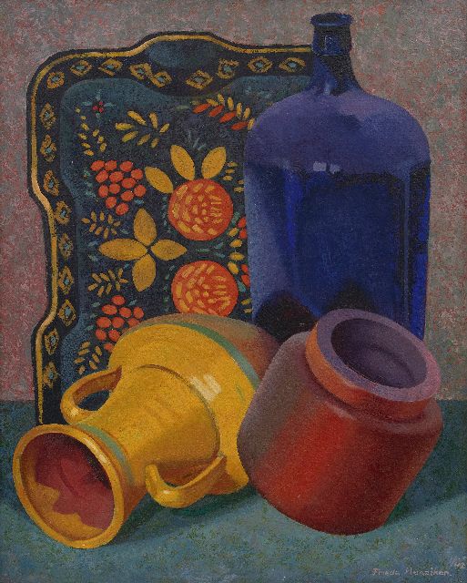 Frieda Hunziker | Still life with blue bottle, oil on canvas, 55.6 x 45.4 cm, signed l.r. and dated 1/42