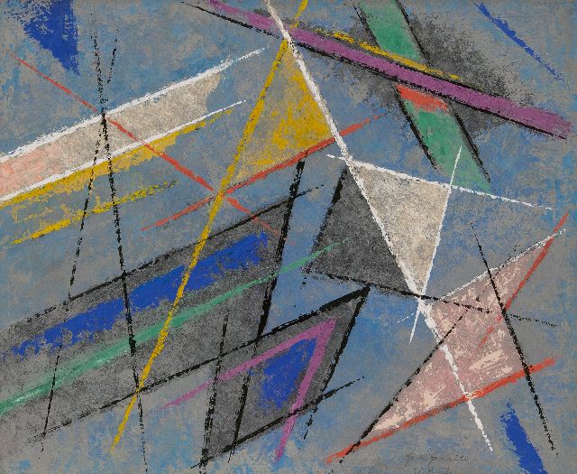 Ger Gerrits | Compositie met driehoeken, pastel en gouache op papier, 42,0 x 53,0 cm, gesigneerd r.o. en gedateerd 27.8.53.
