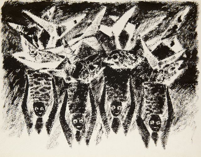 Frieda Hunziker | Heads, baskets, fish, gouache on paper, 57.8 x 73.5 cm