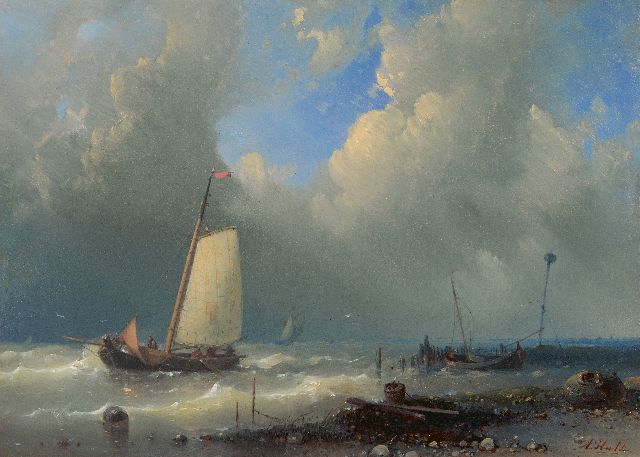 Abraham Hulk | Ship near a  harbor in heavy weather, oil on panel, 14.5 x 20.2 cm, signed l.r.