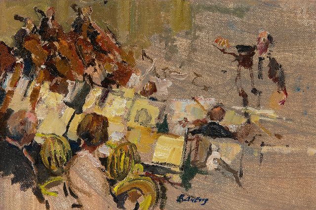Hans Bayens | The orchestra of the Amsterdam Concertgebouw conducted by  Carlo M. Giulini, oil on painter's board, 16.5 x 24.4 cm, signed l.r.