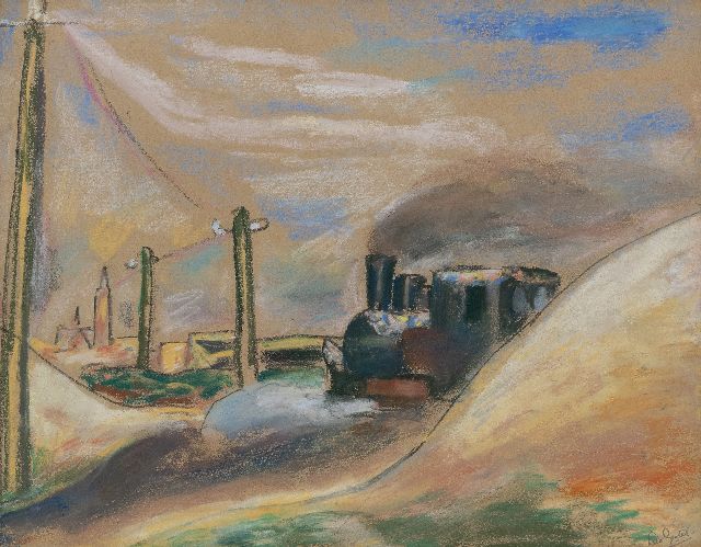 Leo Gestel | Amsterdam West, sand train on the Ringspoor, the driver's birthday, pastel on paper, 25.9 x 32.8 cm, signed l.r. and dated 1934