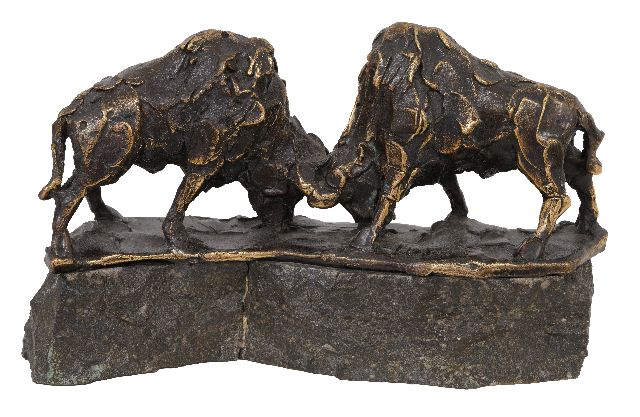 Jits Bakker | Two bisons, bronze, 15.5 x 25.0 cm, gesigneerd op basis
