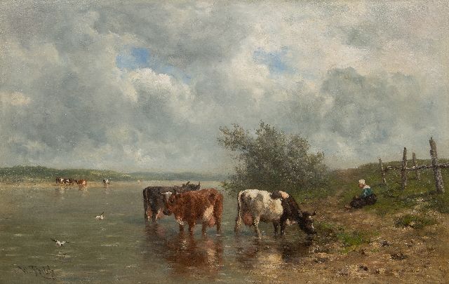 Roelofs W.  | River landscape with drinking cows, oil on canvas 69.1 x 106.9 cm, signed l.l.
