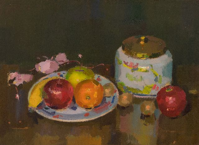 Verdonk F.W.  | Still life with a tobacco jar and fruit, oil on canvas laid down on board 36.5 x 49.4 cm