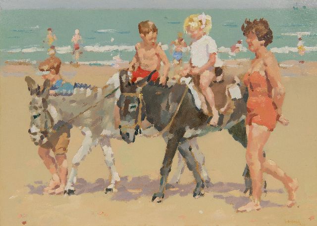 Frits Verdonk | Donkey ride along the beach, oil on canvas, 34.0 x 46.8 cm, signed l.r.