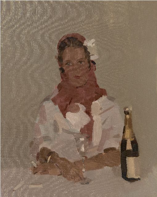Frits Verdonk | Woman with cigarette and champagne bottle, oil on canvas, 50.2 x 40.1 cm