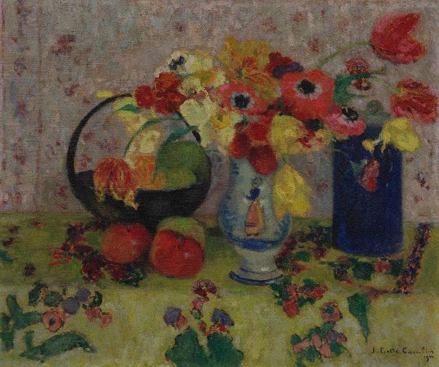 Juliette Cambier | Still life with vases, spring flowers and fruit, oil on canvas, 49.9 x 60.3 cm, signed l.r. and dated 1944
