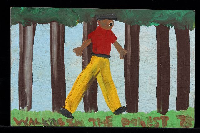Tim Brown | Walking in the forest, acryl op paneel, 26,0 x 40,0 cm, gesigneerd r.o. met initialen