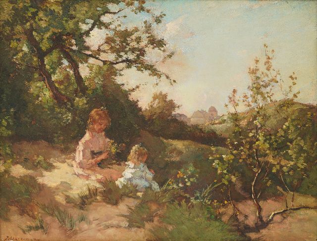 Akkeringa J.E.H.  | Children picking flowers in the dunes, oil on panel 31.9 x 39.4 cm, signed l.l.