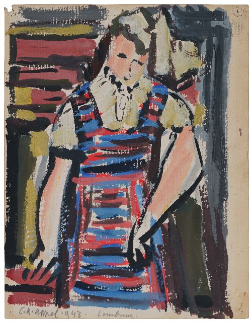 Karel Appel | Young woman in striped dress, gouache on paper, 24.8 x 19.9 cm, signed l.l. and dated 1943