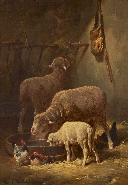 Frans de Beul | Schapen in de stal  (alleen tezamen), olieverf op paneel, 34,3 x 23,2 cm, gesigneerd l.o. en gedateerd 1883