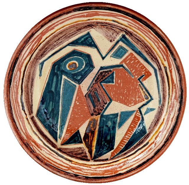 Hunziker F.  | Keramieken schaal met compositie, geglazuurd aardewerk 34,2 x 34,2 cm