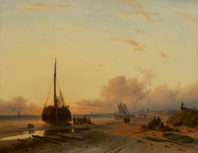 Leickert C.H.J.  | Fishing vessels on a beach at sunset, oil on canvas 58.0 x 75.0 cm, signed l.r. and dated 'London' 1845
