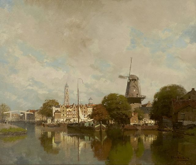 Karel Klinkenberg | A view of a town with the Groenmolen and tower of the Nieuwe Kerk of Delft, oil on canvas, 39.5 x 47.4 cm, signed l.r.