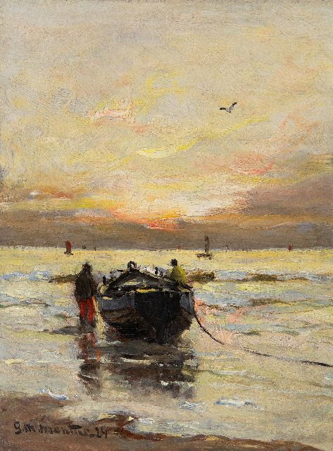 Morgenstjerne Munthe | Avondstemming op het strand, olieverf op schildersboard, 20,0 x 14,9 cm, gesigneerd l.o. en gedateerd '24