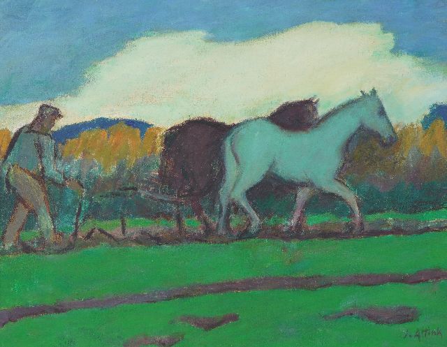 Jan Altink | Ploughing farmer with horses, wax paint on canvas, 55.0 x 70.1 cm, signed l.r. and painted ca. 1924-1928