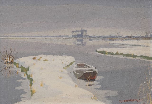 Dirk Smorenberg | Snowy lake at Loosdrecht, the church of Oud-Loosdrecht in the distance, oil on canvas, 22.3 x 31.9 cm, signed l.r. (twice) and dated '23 (twice)