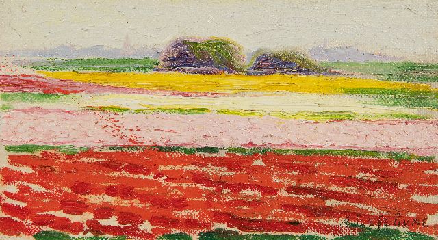 Albert Lefebvre | Bloembollenvelden bij Noordwijk, olieverf op doek op board, 10,1 x 17,7 cm, gesigneerd r.o. en verso gedateerd 1919