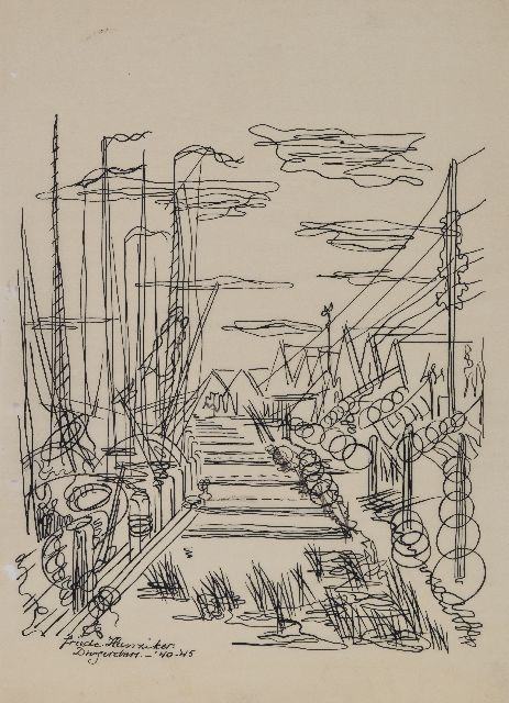 Hunziker F.  | Houses on the water, Durgerdam, pen and ink on archment 33.2 x 24.0 cm, signed l.l. and dated '40-'45