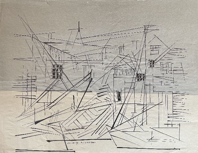 Hunziker F.  | Houses and ships, pen and ink on archment 30.0 x 38.5 cm, signed l.c. and dated 11-11-47