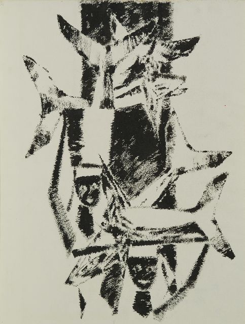 Frieda Hunziker | Compositie met vissen, inkt op papier, 74,1 x 56,5 cm, gesigneerd verso en verso gedateerd '53