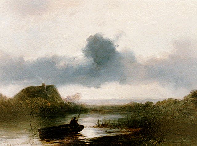 Hoppenbrouwers J.F.  | A fisherman in a polder landscape, oil on panel 19.1 x 26.0 cm, signed l.l.