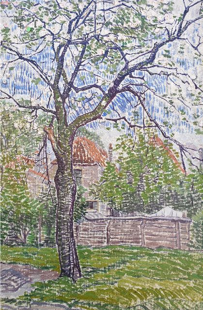 Pijpers E.E.  | Tuin met appelboom in bloei, olieverf op doek 54,7 x 36,8 cm