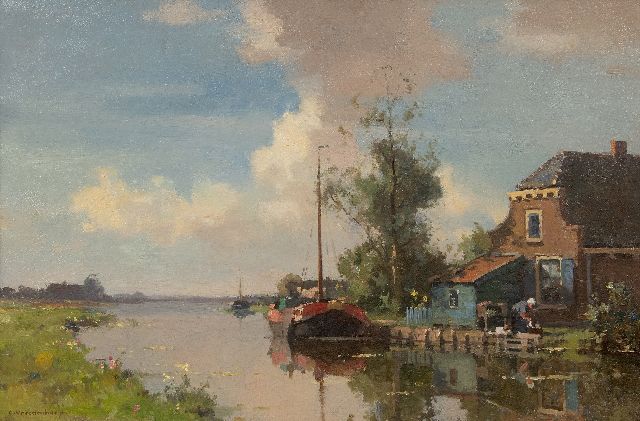 Vreedenburgh C.  | Boerderij aan het water met afgemeerde tjalk, olieverf op doek 40,5 x 60,5 cm, gesigneerd l.o.