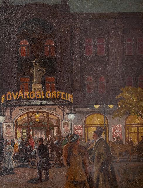 Berkes A.  | Bij het Variététheater Fövárosi Orfeum in Boedapest, olieverf op doek 115,3 x 89,0 cm, gesigneerd r.o. en gedateerd (onduidelijk), zonder lijst