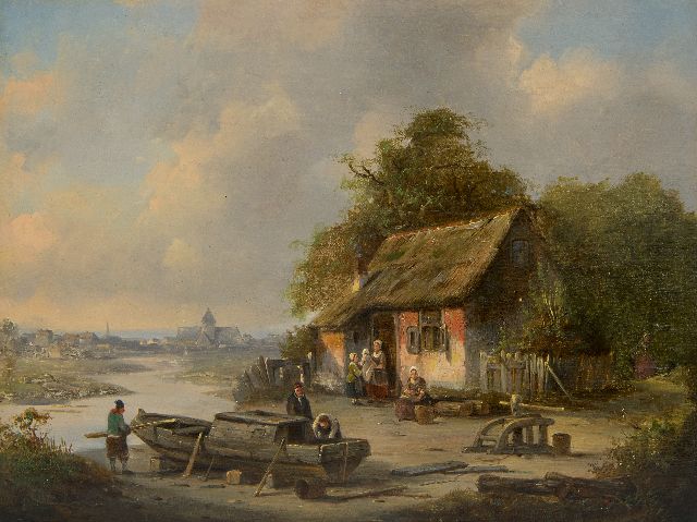 Carabain J.F.J.  | Rivierlandschap met bootbouw op een werfje, olieverf op paneel 19,3 x 25,3 cm, gesigneerd l.o.