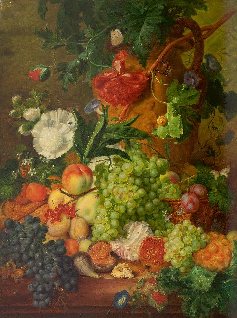 Hollandse School, 19e eeuw | Stilleven van bloemen en vruchten  (nader in onderzoek), olieverf op paneel, 78,2 x 58,5 cm, gesigneerd m.o. met Jan Van Huysum en gedateerd 1735