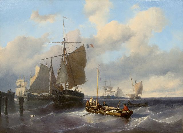 Meijer J.H.L.  | Het hijsen van de zeilen bij een havenhoofd, olieverf op paneel 79,8 x 110,5 cm, gesigneerd l.o.