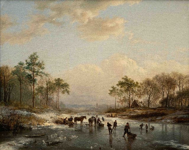 Barend Cornelis Koekkoek | IJsgezicht met schaatsers en houtsprokkelaars, olieverf op doek, 29,0 x 35,5 cm, gesigneerd l.o. en gedateerd 1832