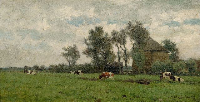 Jan Hendrik Weissenbruch | Grazende koeien bij een hooiberg, olieverf op doek, 24,8 x 45,4 cm, gesigneerd r.o.