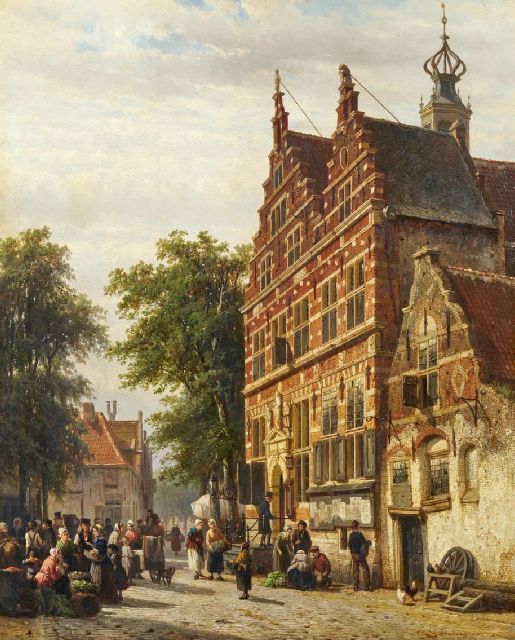 Cornelis Springer | Markt op de Raadhuisstraat in Naarden, olieverf op paneel, 51,3 x 42,0 cm, gesigneerd r.o. en gedateerd 1863