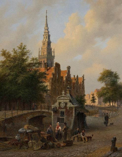 Bart van Hove | Stadsgezicht met op de voorgrond een antiekhandelaar, olieverf op paneel, 50,1 x 39,6 cm, gesigneerd l.o. en gedateerd 1844