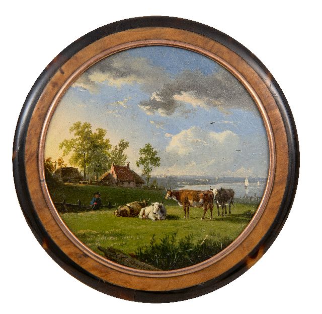 Barend Cornelis Koekkoek | Dekseldoosje beschilderd met rivierlandschap, koper, hout, gesigneerd m.o. en gedateerd 1838