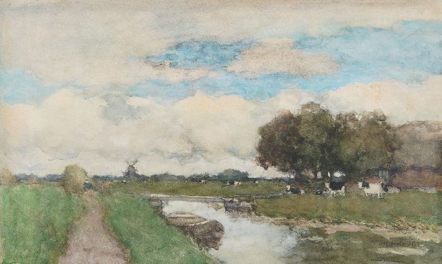 Jan Hendrik Weissenbruch | Koeien in polderlandschap, aquarel op papier, 38,0 x 61,5 cm, gesigneerd r.o.