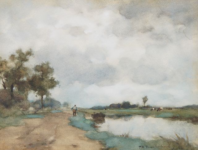 Jan Hendrik Weissenbruch | Polderlandschap met jager op jaagpad, aquarel op papier, 34,0 x 45,0 cm, gesigneerd r.o.