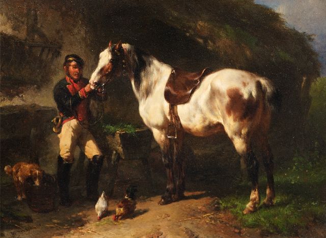 Wouterus Verschuur | Postiljon met zijn paard, olieverf op paneel, 19,5 x 26,1 cm, gesigneerd l.o.